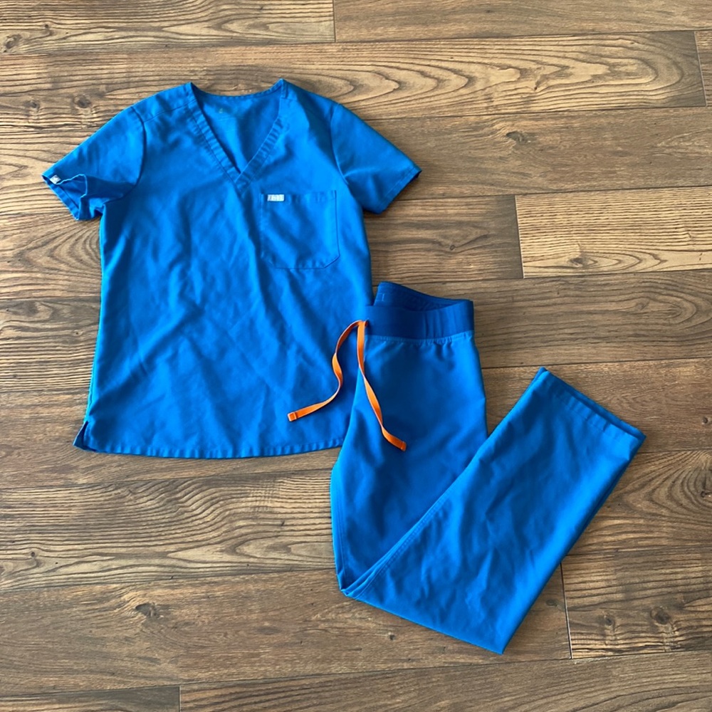 Figs Women's Scrub Set in Bright Blue with Orange Drawstring